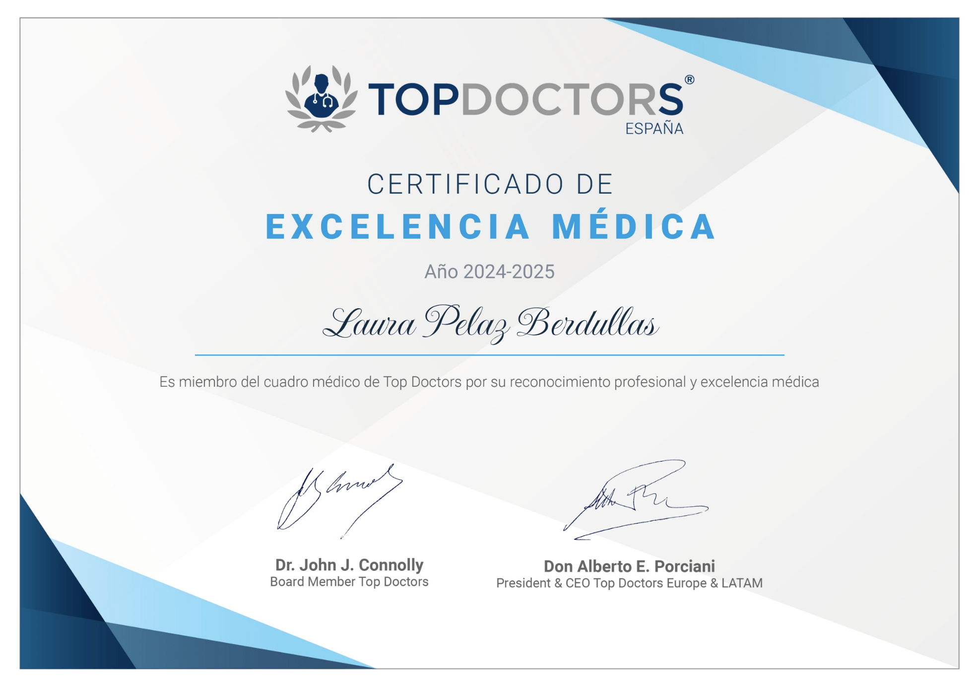 Certificado de Excelencia Dra. Laura Pelaz Berdullas en Topdoctors